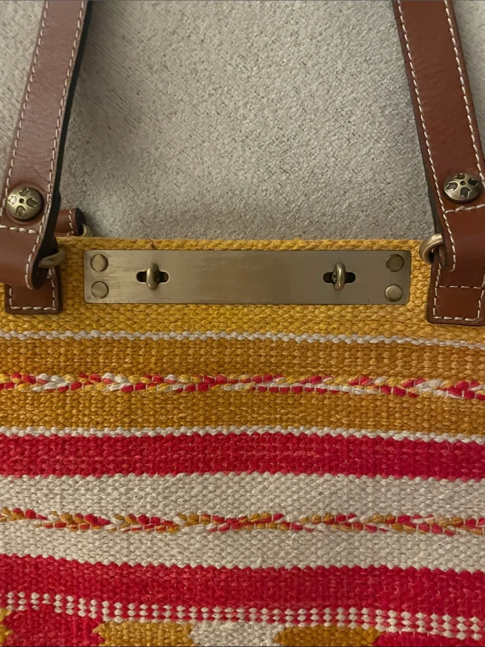 Patricia Nash Yellow, Pink & Cream Woven Tote with Brown Leather Handles